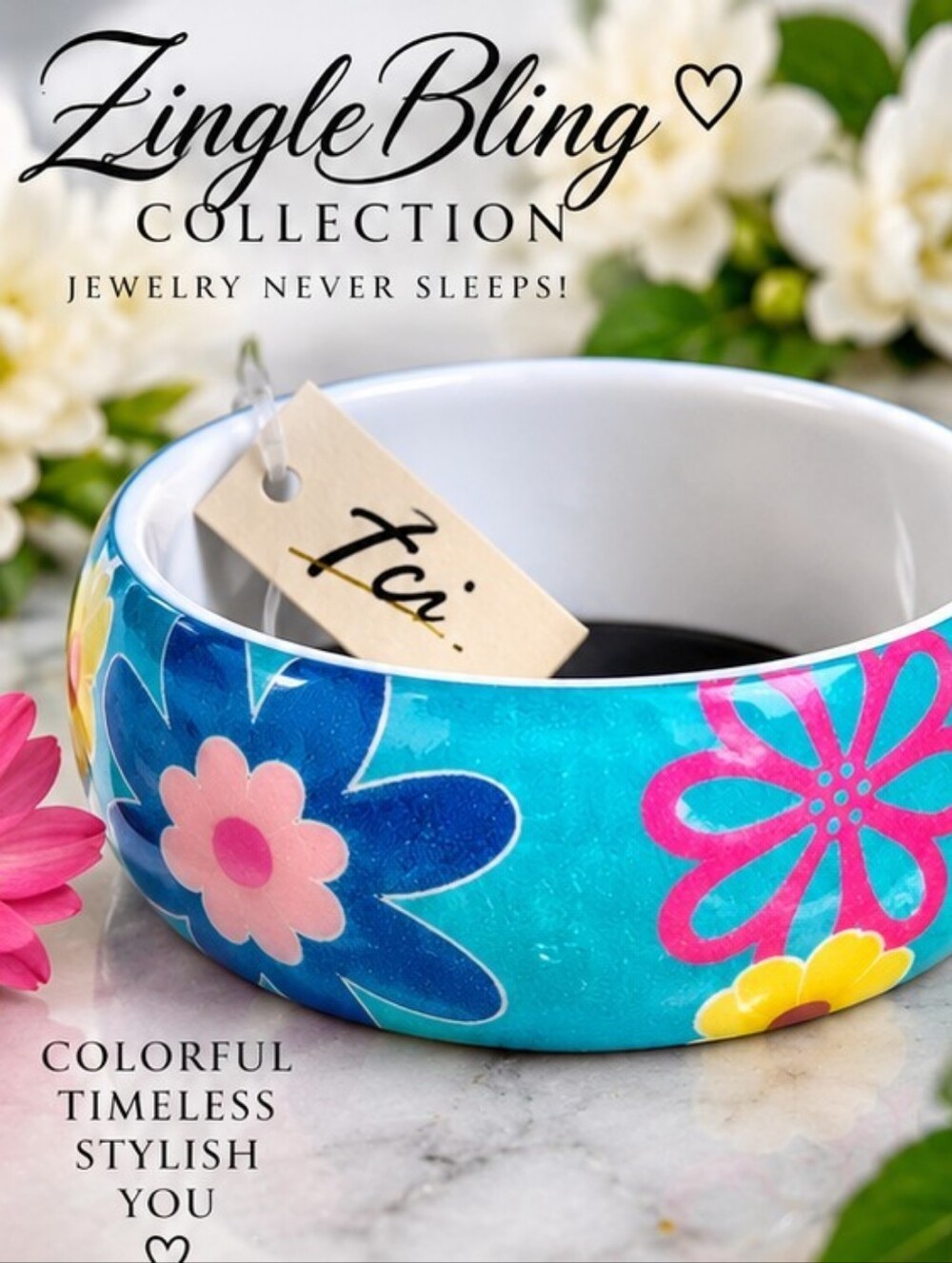 JCI NWT Aqua Blue Floral Wide Bangle Bracelet Retro Mod Statement Jewelry